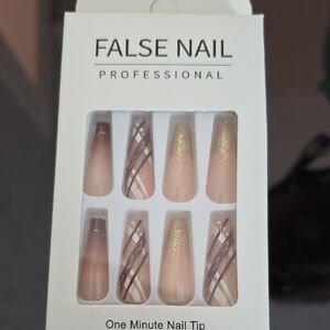 False Nail Professional Set with Gold and Brown Design